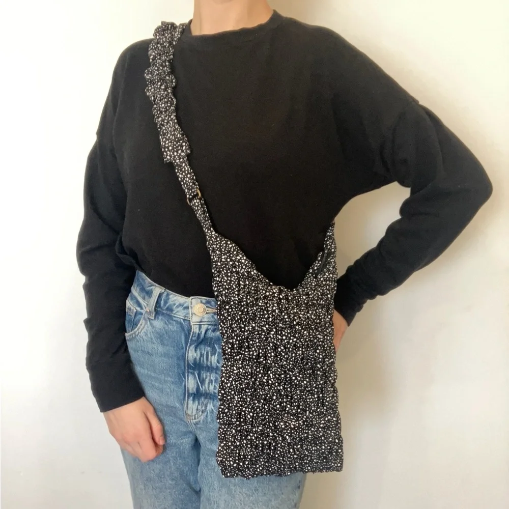 Upcycled handmade quilted fluffy Black and White Crossbody Bag - Picture 7 of 14